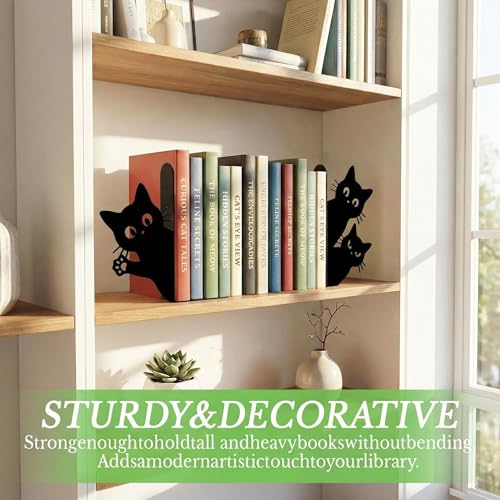Sanwarm Metal Bookends Black Cats Cartoon Book Ends Decorative Bookend for Home Office Library Desk Book Shelves Decor, Gift for Reading Enthusiasts Non-Skid Book Stoppers Holder (1 Pair) - color: Black Cat 2