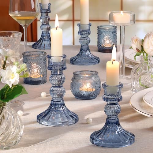 DARJEN 6Pcs Blue Candlestick Holders Set - 4" H & 5" H Striped Taper Candle Holders Bulk, Glass Candle Holders for Wedding, Festival, Party, Table Centerpiece, Gifts - color: Blue, size: Striped Pattern
