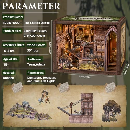 MiniCity DIY Book Nook Kit - The Castle's Escape 3D Miniature Wooden Scene with LED Lights, Dustcover & Tools for Shelf Decor (Robin Hood) - style: Robin Hood