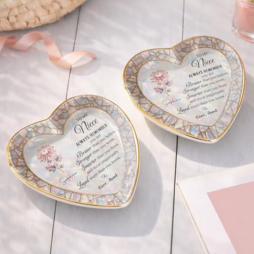 Personalized Niece Jewelry Dish Gift from Aunt, Heart Trinket-Dish with Custom Birth Flower, “Always Remember You Are Braver Stronger Smarter Loved” Inspirational Ceramic Ring Keepsake - color: Niece 054