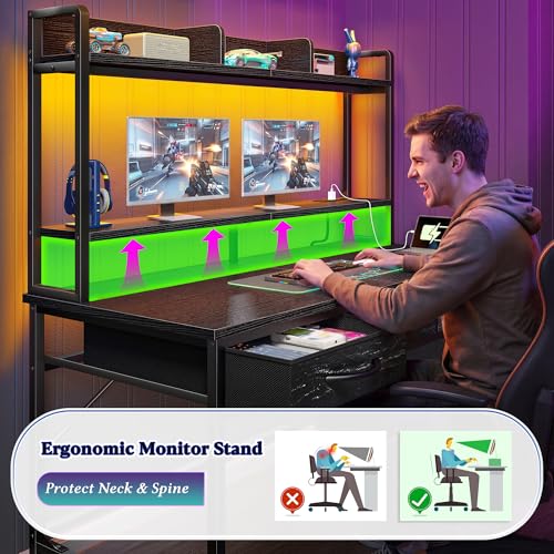 DurayLoly 47.2" Gaming Desk with Hutch &2Drawers,Office Desk with Storage Rack&Monitor Stand, Computer Desk with LED&Power Outlet,Modern Study Writing Desk for Bedroom Home Office,Small Space,Black - color: Black, size: 18.9"D x 47.2"W x 61.1"H