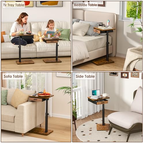 Simple Serenity TV Tray Table with Drawer & Swivel Top, Height Adjustable TV Tray for Eating on Couch, C Shaped End Table for Couch, Sofa Desk Couch Table for Bedroom & Living Room, Patent Pending - color: Rustic