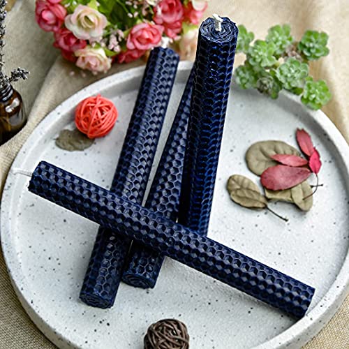 DEYBBY Natural Beeswax Taper Candles,Honeycomb Design Hand-Rolled Beeswax Candles, Dripless and Smokeless, Set of 6 Flat Top (Blue) - color: Dark Blue, size: 6 Pack