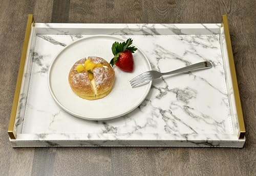 17.8 * 11.8" White PU Leather Marble Finish Decorative Tray Serving Tray with Brushed Gold Handle for Coffee Table, Console Table, Ottoman - color: White