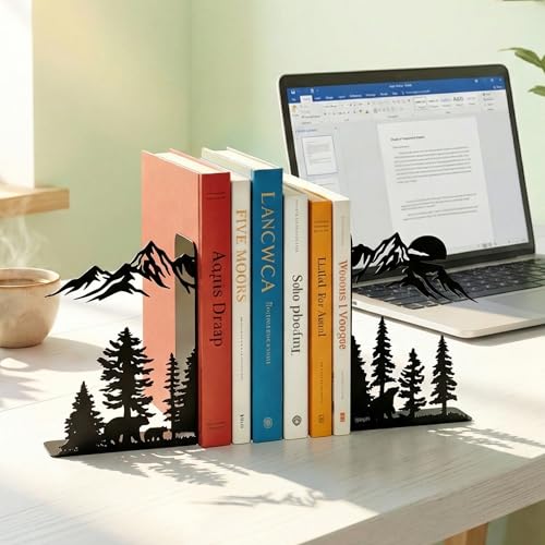 Sanwarm Metal Bookends Mountain Woodland Nature Book Ends Decorative Bookend for Home Office Desk Book Shelves Decor, Gift for Reading Enthusiasts Non-Skid Book Stoppers Holder (Black 1 Pair) - color: Mountain