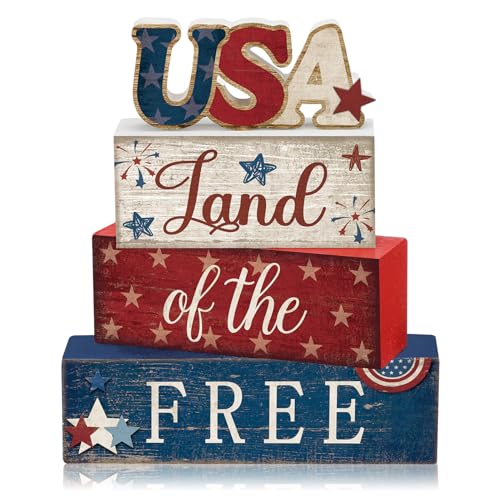 CroBlissful 4 Pcs 4th of July Decorations Patriotic Memorial Day Tabletop Decorations Red White Blue Table Centerpieces Sign for Office Tiered Tray Home Shelf 250th Anniversary(Independence Day Usa) - style: Independence Day Usa