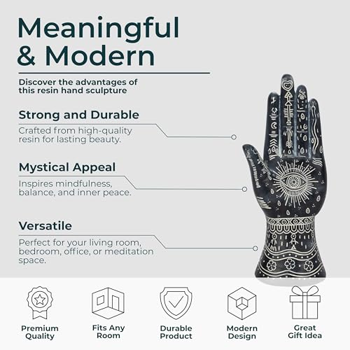 Resin Tattoo Hand Figurine for Home and Office Decor - Artistic Symbols Accent Display for Bathroom, Living Room, and Shelf - Graphic Sculpture Ornament for Coffee Table Decor - 10", Black & White - color: Black