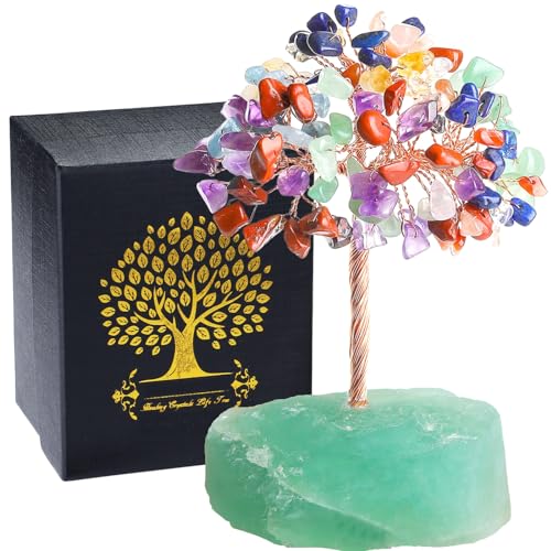 QINJIEJIE 7 Chakra Crystals Gemstone Healing Crystal Stone Fluorite Base Natural Stones Copper Wire Life Tree Energy Office Desk Decor Meditation Christmas Spiritual Gift for Women Men - color: Multicolor, size: 5.2 in