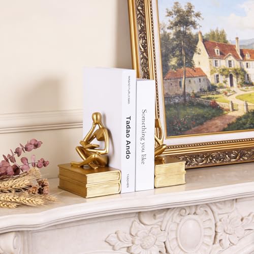 Reading Figurine Book Ends Book Lovers Gifts for Bookshelf Decorations for Readers, Graduates, Students, Teachers, Sculpture Home Decor for Shelves Desk Office Living Room (Gold) - color: Gold