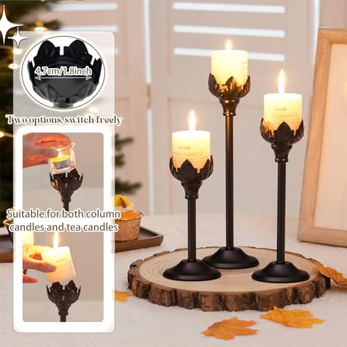 Set of 3 Metal Tea Light Candle Holder with 3 Glass Cups, 12/10/8 Inch Elegant Tealight Candelabra Centerpiece for Wedding Table Decor, Tiered Home Party Decoration (3, Black) - color: Black