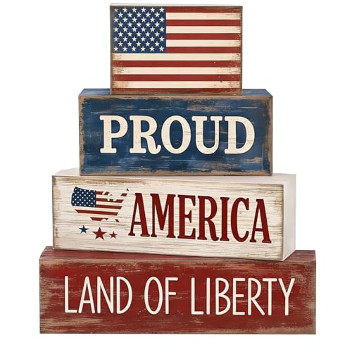 4Pcs 4th of July Decorations Red White and Blue Wood Blocks Patriotic Tiered Tray Decor Farmhouse Style Table Centerpiece for Office Memorial Day Shelf 250th Anniversar - style: Americana