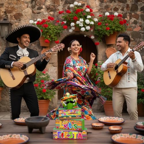 Yuntau 4 Pcs Mexican Fiesta Party Decorations Wooden Cinco De Mayo Tabletop Decor Lets Fiesta Tiered Tray Decor Rustic Wood Block Sign Gift Farmhouse Mexican Centerpieces Portable Shelf Home Office - style: Cactus