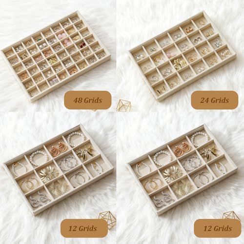 Large Jewelry Drawer Organizer Trays Set of 4, Stackable Velvet Jewelry Trays Organizer Holder Display Storage Showcase for Earring Necklace Bracelet Ring Accessary (Beige, 12+12+24+48 Grids) - color: Beige, size: 12+12+24+48 Grids