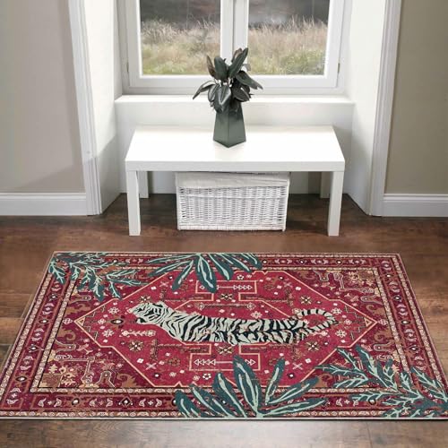 Vintage Tribal Faux Wool Red Boho Throw Rugs - 2x3, Non-Slip, Washable for Bathroom, Kitchen, Indoor, Entryway, Modern, Distressed, Tribal, Indian Accent Floor Mat - color: Wine Red, size: 2' x 3'