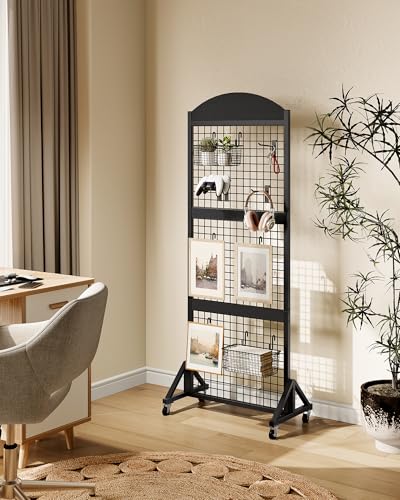 CHOEZON Grid Wall Panel 5.7’ x 2’ FT Grid Display Rack, Movable Gridwall Display Stand with Wheels, Sturdy Floorstanding Wire Grid Rack with 4 S-Shaped Hooks and 4 Garment Hooks, Black TCJ17BB - color: Black