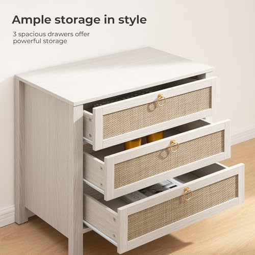 SICOTAS White Night Stand with Drawers - Large Rattan Bedside Table with Golden Handle, 3 Drawers Nightstand Tall End Table Side Table Boho Nightstand for Bedroom - color: White Cream Oak
