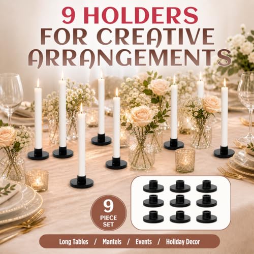 9PCS Mini Black Taper Candle Holders: CHONNFEASTT® 0.5" Iron Chime Candle Holders - Matte Black Skinny Candle Base for Spell, Advent, Birthday Candles - Small Rustic Farmhouse Table Decor