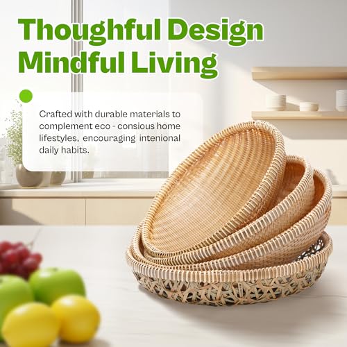 Set of 3 Handwoven Bamboo & Rattan Baskets – Woven Bread Basket & Fruit Bowl for Kitchen Counter, Decorative Wicker Tray for Serving Snacks, Pastries & Table Centerpiece - style: Set of 3 Handwoven Bamboo Baskets – Double Orchid Weave