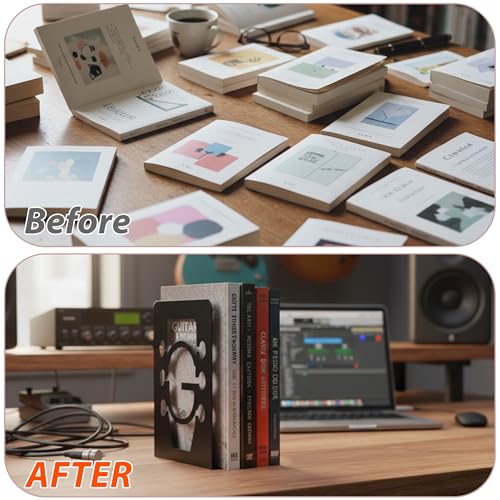 Musiin Guitar Shape Metal Bookends, Black Heavy-Duty Decorative, Music Books, CDs & Magazines Holders for Home Office Studio Library, Modern Design Book Organizer Pair