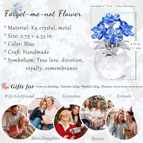 YWHL Blue Crystal Forget Me Not Flowers Gifts for Women, Handmade Glass Flower Bouquet Collectible Figurine for Tabletop Centerpieces - color: Blue