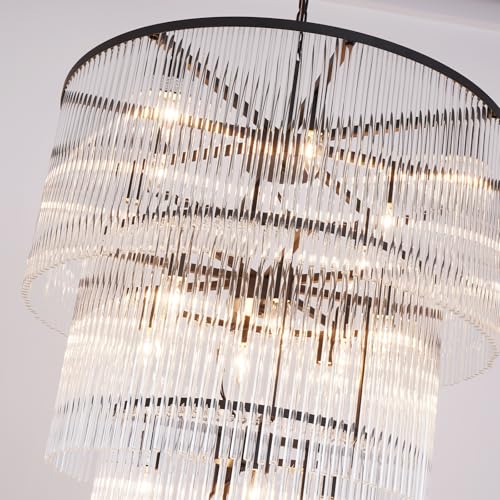 Large Black Chandeliers for High Ceilings H49 5-Tier Glass Chandelier Light Fixture for Foyer Dining Room Extra Long Modern Tiered Chandelier for Living Room Entranc Stairway Villa - size: Long Black (27.5" x 49")