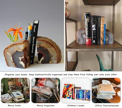 AMOYSTONE Heavy-Duty Agate Bookends, Natural Decorative Book Ends for Heavy Books, Crystal Book Stopper 6-8 LBS with Non-Slip Mat, Perfect for Office and Home Shelves - color: Natural, size: 6-8 Pounds