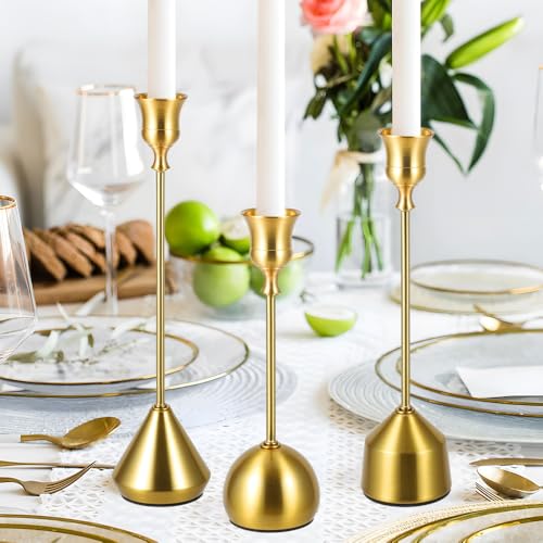 Elegant Vintage Brass Gold Candlestick Holders, Set of 3 Taper Candle Holders with Weighted Base for Wedding, Dining Table, Holiday Decor - color: Brass Gold