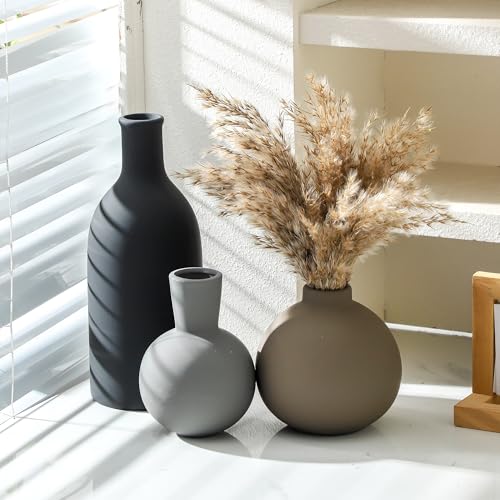 Ceramic Vase Set of 3 | Neutral Vases Home Decor | Modern Flower Pottery Vases Rustic Farmhouse Vase for Table Entryway Mantel Centerpiece Bookshelf Living Room Bathroom Bedroom -Multicolor Large - color: Multicolor - Larger
