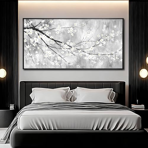 WINKAILIN Large 29"x58" White Black and Gold Plum Blossom Canvas Black Frame Wall Art Minimalist Flower Poster Decorative Artwork for Living Room Bedroom Office Kitchen Walls - color: Black and White, size: 58"L x 29"W