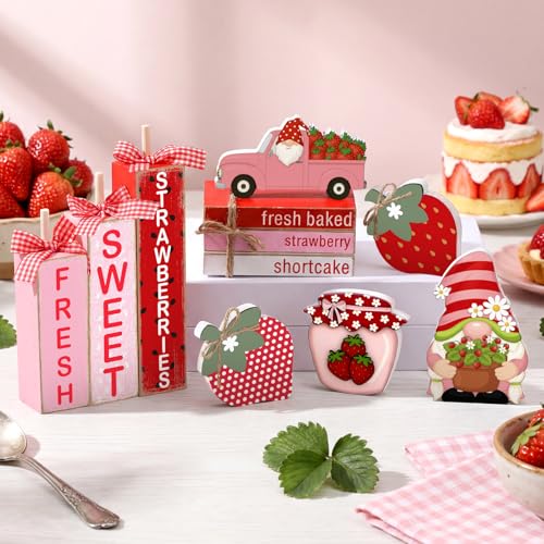 Vercraft 11 Pcs Strawberry Table Decorations Set Strawberry Tiered Tray Decor Spring Summer Wooden Top Farmhouse Rustic Wooden Coffee Table Centerpieces for Home Kitchen Office Decorations - style: Strawberry