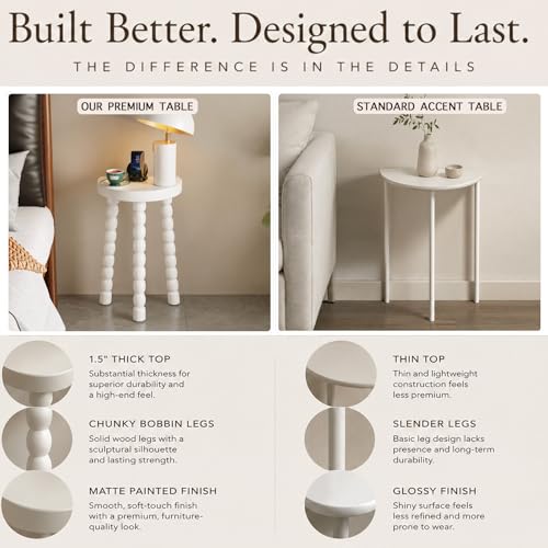 LitaEther Bobbin Side Table, Solid Wood Half Moon End Table, Small Wooden Accent Table with Chunky Turned Legs, Plant Stand for Living Room Bedroom Entryway, Modern Farmhouse Bedside Table, White - color: White