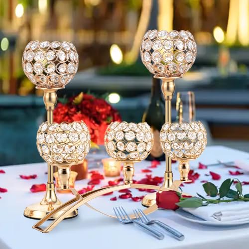 VINCIGANT Set of 3 Gold Candle Holders Wedding Table Centerpieces,Tealight Candlestick Candelabra Stand with 3 Arms for Fireplace Home Living Room Decor,Valentine's Day Housewarming - size: 1 Piece 8.3" tall & 2 Pieces 13" tall
