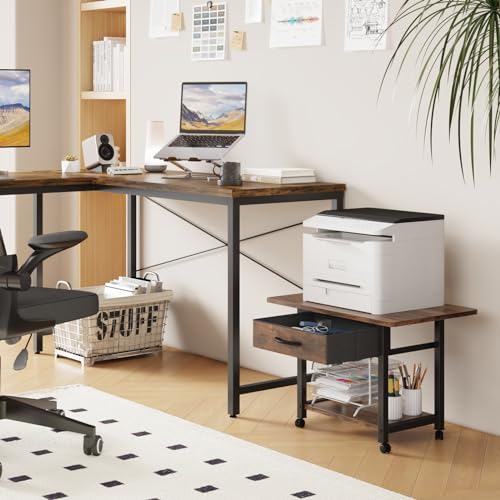 YAOHUOO Large Printer Stand with Storage Drawer, 2-Tier Under Desk Table for Home Office, Fits Fax Machine/3D Printer/Scanner (Brown) - color: Rustic Brown, size: 2-Tier