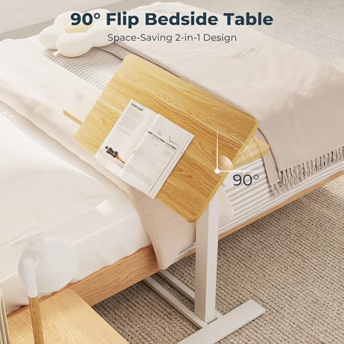 Medical Adjustable Overbed Bedside Table with Casters 90° Tilting Desktop Pneumatic Mobile Rolling Laptop Computer Standing Desk Cart with Tray, Hospital Table(31.5" W x 17.7" D, Maple) - color: Maple, size: 3218