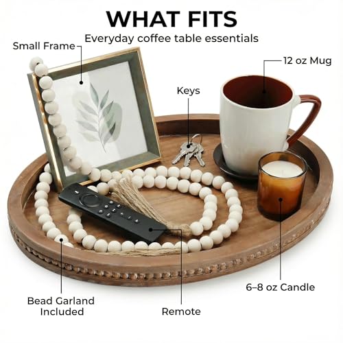16" x 11.8" Oval Wood Decorative Tray with 58" Bead Garland, Farmhouse Coffee Table & Kitchen Island Décor, Rustic Brown Entryway Console Tray for Styling, Candles & Small Items