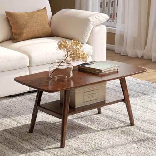 100% Solid Oak Wood Coffee Table for Living Room, 2-Tier Living Room Table with Storage Shelf, Mid Century Modern Coffee Tables (Walnut Colour, 39.37" W x19.68 D x 17.32" H) - color: Walnut Colour, size: 39.37"W x19.68" D x 17.32" H