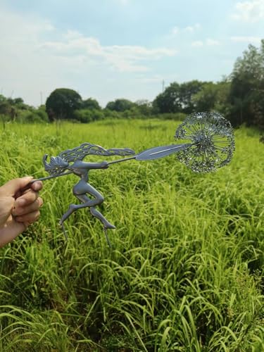 Fcteap Flower Fairy Dancing with Dandelion Garden Art Sculpture Stainless Steel Statue Christmas Halloween Decoration for Outdoor Yard Courtyard Lawn Patio Metal Ornaments (Wave) - style: Wave