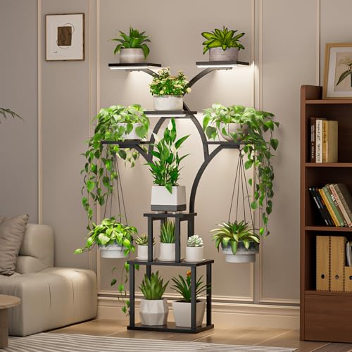 Elbourn Plant Stand Indoor with Grow Lights - 60" Tall Metal Plant Shelf for Multiple Plants, 8 Tiered Corner Plant Stands for Indoor Plants, X - Shaped Decorative Rack for Home, Living Room & Patio Decor (Black) - color: Black