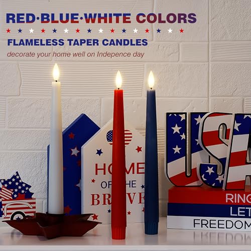 Patriotic Flameless Taper Candles With 3D Wick - 9.6" Real Wax Red White and Blue With Remote and Timer - 4th of July LED Battery Operated Fake Candles, 3 Pack - color: Red,White,Blue