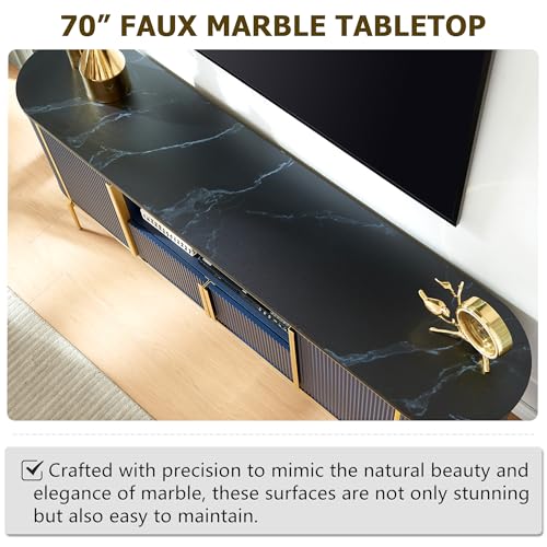 OKD Luxury 70" Fluted TV Stand, Modern Chic Entertainment Center for TVs Up to 80 inches, TV Console with Faux Marble Top, Curved Profile Design, Media Console for Living Room, Navy Blue - color: Navy Blue, size: 70" TV Stand without Fireplace