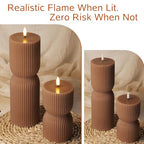 Warm Brown Ribbed Flameless Pillar Candles with Remote, Real Wax Flickering Battery LED Candles Christmas Decor Gift Set of 2 - color: Amber Brown