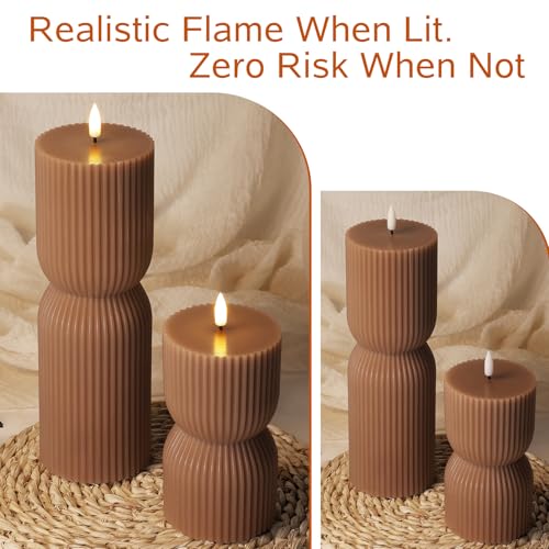 Warm Brown Ribbed Flameless Pillar Candles with Remote, Real Wax Flickering Battery LED Candles Christmas Decor Gift Set of 2 - color: Amber Brown