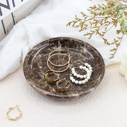 Small Natural Marble Jewelry Tray Key Plate Holder Dish Trinket Decor Catch All Bowl for Ring Earring Stone Gift for Women Daugther,Dark Brown,5.5" - color: Dark Brown