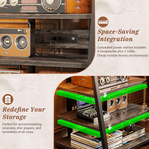 Armocity 4-Tier AV Media Stand with Power Strips, Stereo Stand with LED Lights, Rack Audio Tower with Adjustable Shelves, Small Entertainment Center, 30'', Grey Oak - color: Grey Oak, size: 30" (H)