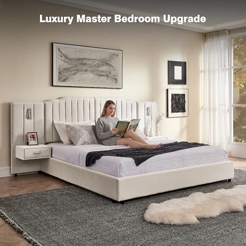 Luxury Queen Size Bed Frame with LED Lights and Nightstands, Modern Velvet Upholstered Platform Bed Frame with Oversized Headboard, Buttons Around, No Box Spring Needed, Beige | Breathable material - color: Beige-velvet, size: Queen