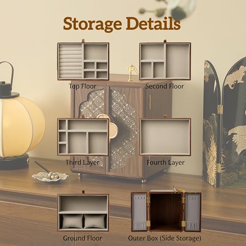 KINTNESS Wooden Jewelry Box With Key, 5 Layers Lockable Large Jewelry Organizer for Women Girls, Walnut Texture for Bracelet, Necklace, Ring, Valentines Gift for Women - style: Four-Leaf Clover Handle Design