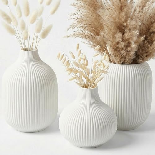 Small Matte White Ceramic Vases Set of 3, Modern Minimalist Ribbed Vases for Centerpiece, Home Office Shelf Decor, Farmhouse Kitchen Bathroom Bedroom Living Room Decor - color: Round White