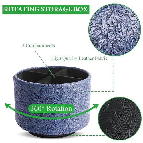 lizimandu Round Leather Art Supply Organizer,Remote Control Holder,360 Degree Spinning,Multi-Functional Pencil Holder,4 Compartments Desktop Stationary Organizer(1-Carved Dark Blue) - color: 1-Carved Dark Blue