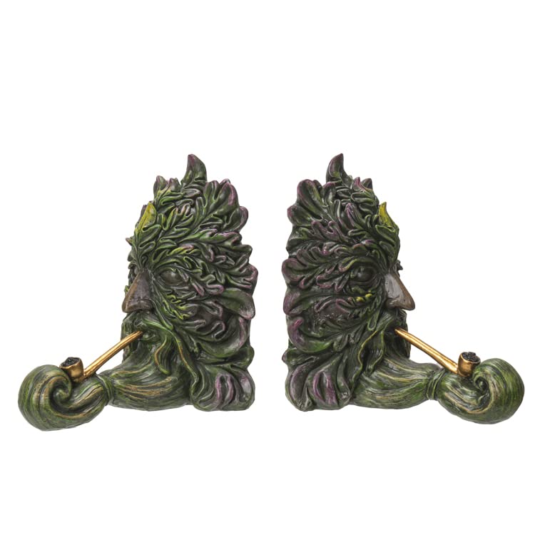 Ebros Gift Mythical Forest Tree Spirit Ent Celtic Greenman with Cigar Pipes Decorative Bookends Figurine Pair Set Wicca Horned God Sculptural Bookend Library Bookshelf Accent
