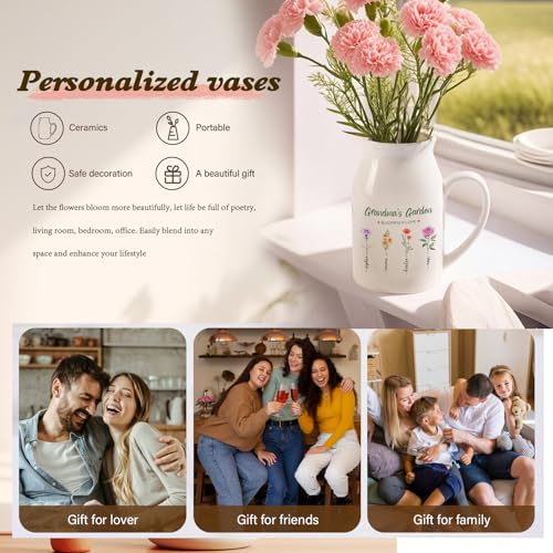 Personalized Flower Vase Small Ceramic Vase with Birth Month Flower Decorative Vases Home Decor Grandma's Garden Blooming in Love Mother's Day Birthday Gift for Mom, Wife, Grandma, Mama, Nana - color: Style 07
